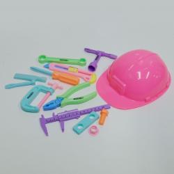 Carded Tool Playset w/ Pink Toy Helmet- 13 Piece Set- Pastel Colors