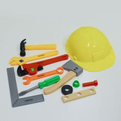Carded Tool Playset w/ Yellow Toy Helmet- 12 Piece Set- Assorted Colors